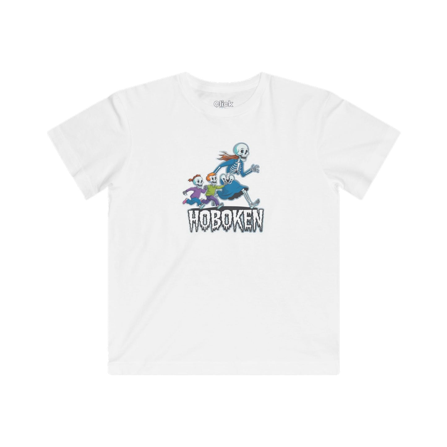 Kids Cartoon T-Shirt - Spooky Letter Art with a Skeleton Mom Chasing her Kids - Cartoon Style T-Shirt