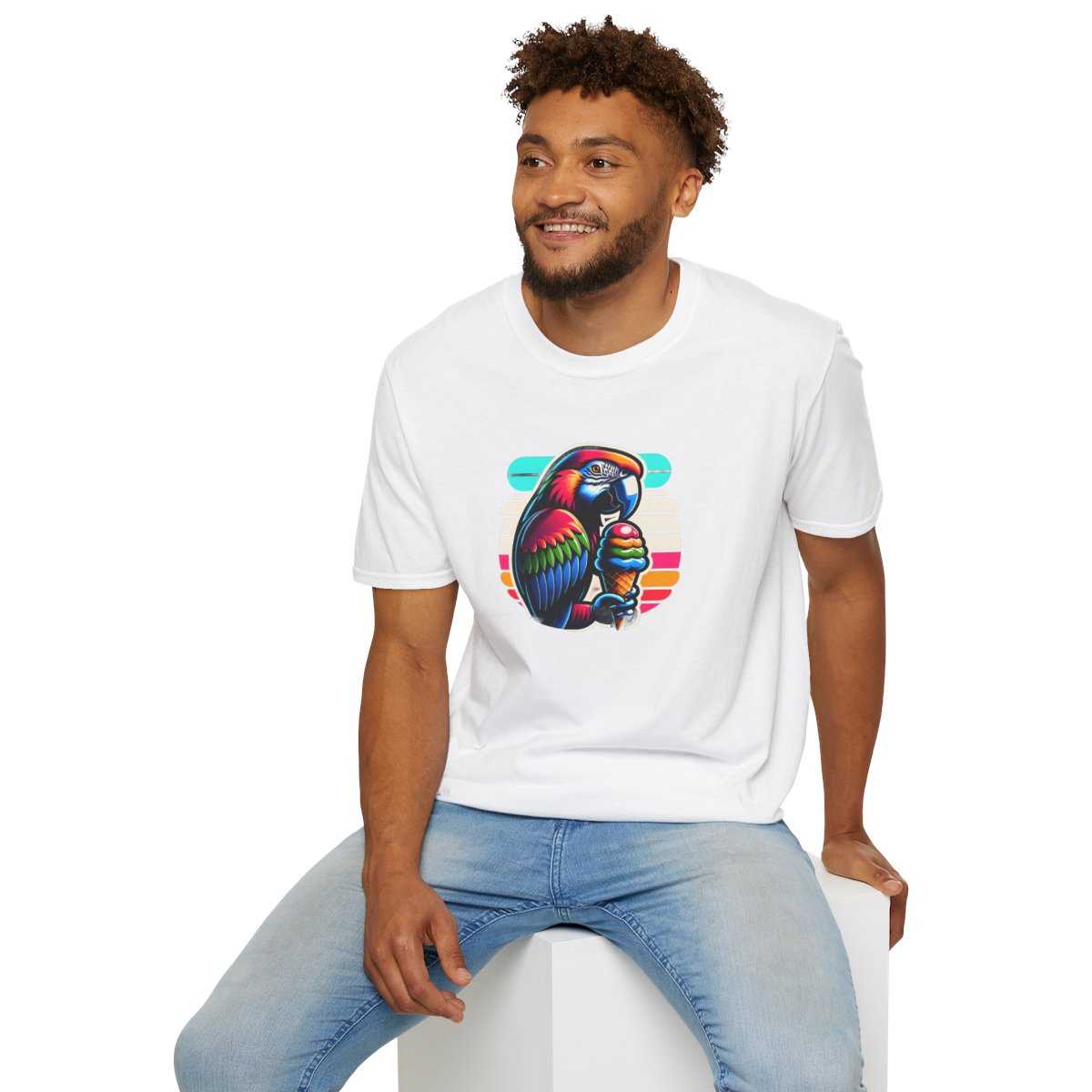 80s Neon T-Shirt - Tropical Parrot Eating rainbow ice cream - 80s Neon Style T-Shirt