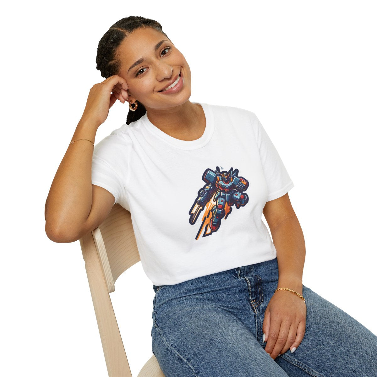 Retro T-Shirt - Battle-scarred Warrior mech rocketing through the air - Retro Style T-Shirt