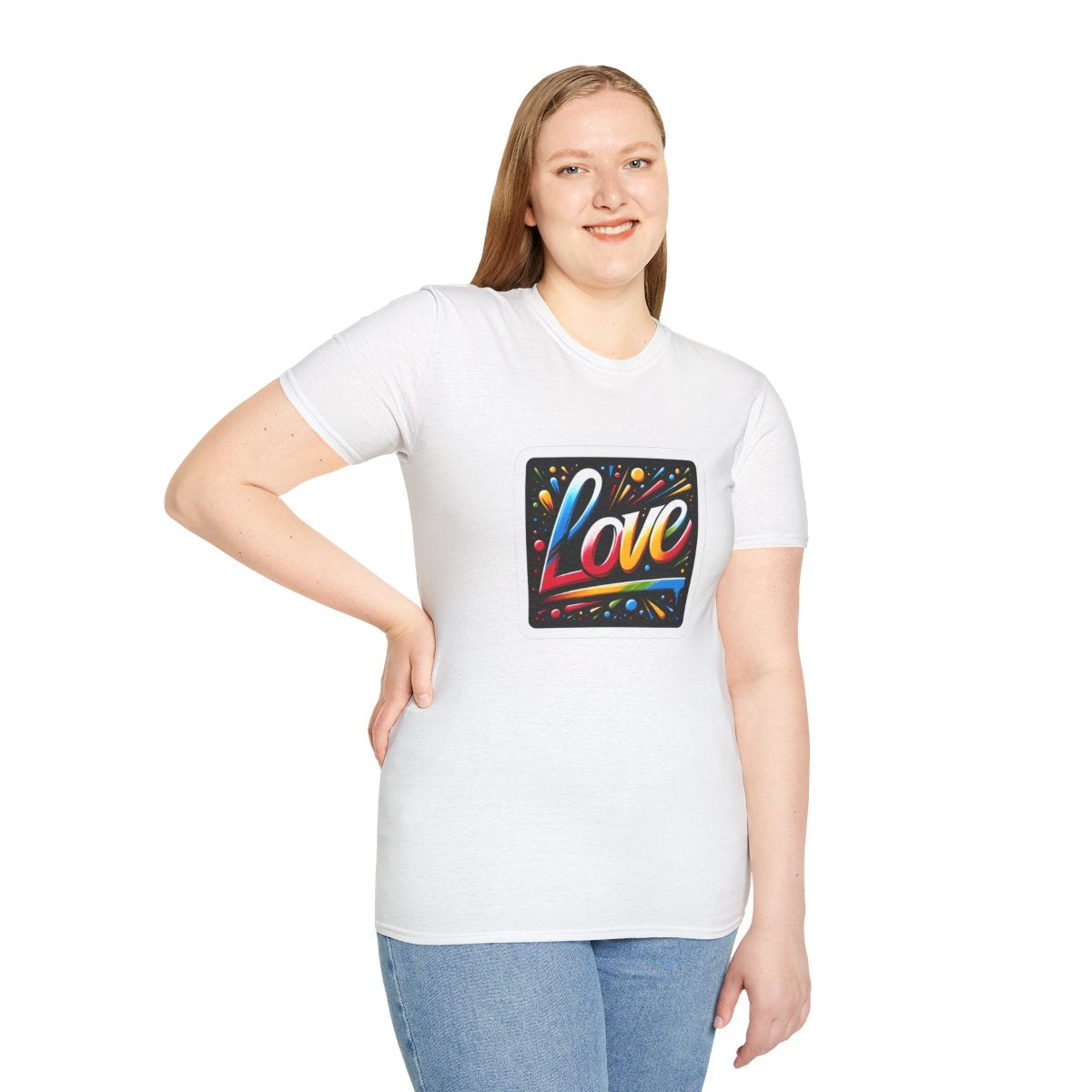 Color SplatterLetter art spelling “LOVE” Unique T-Shirt Image 2
