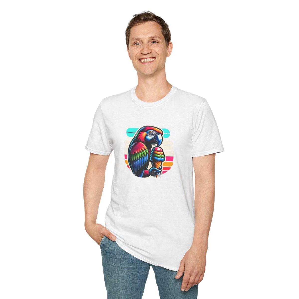 80s Neon T-Shirt - Tropical Parrot Eating rainbow ice cream - 80s Neon Style T-Shirt