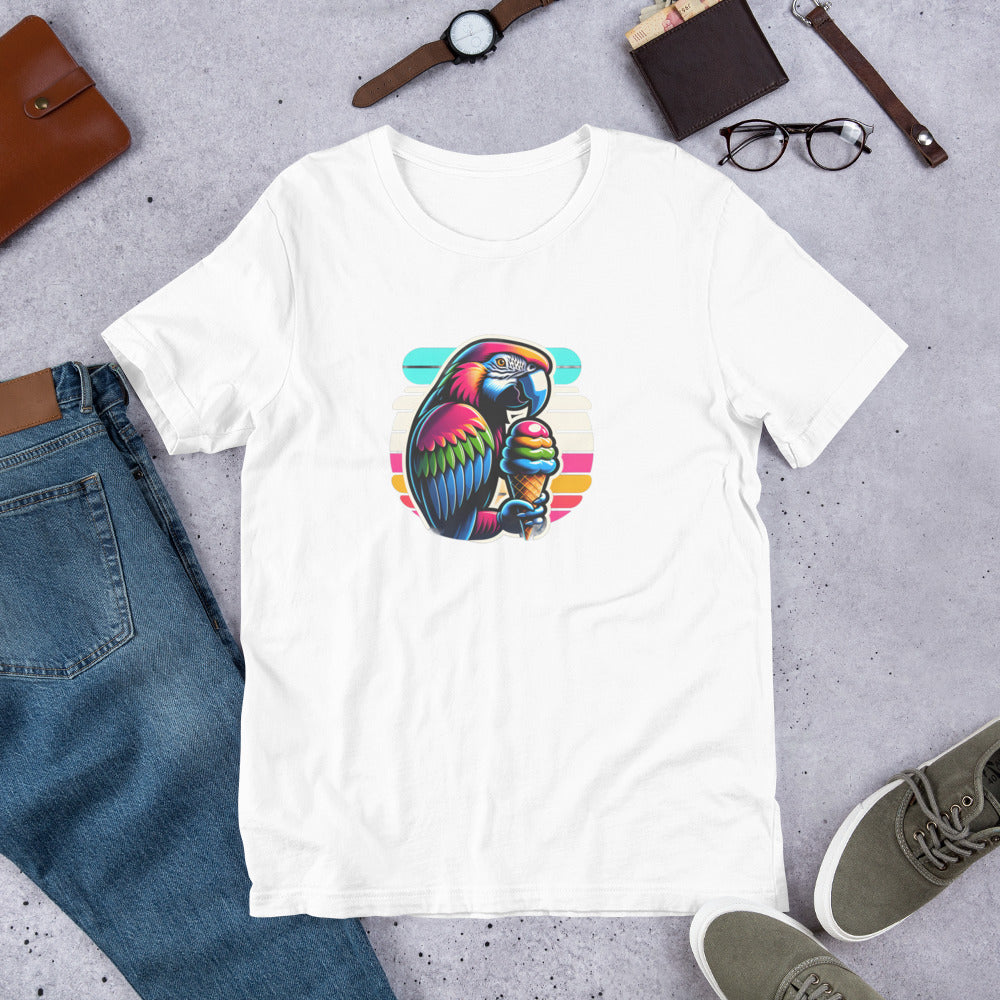 80s Neon T-Shirt - Tropical Parrot Eating rainbow ice cream - 80s Neon Style T-Shirt