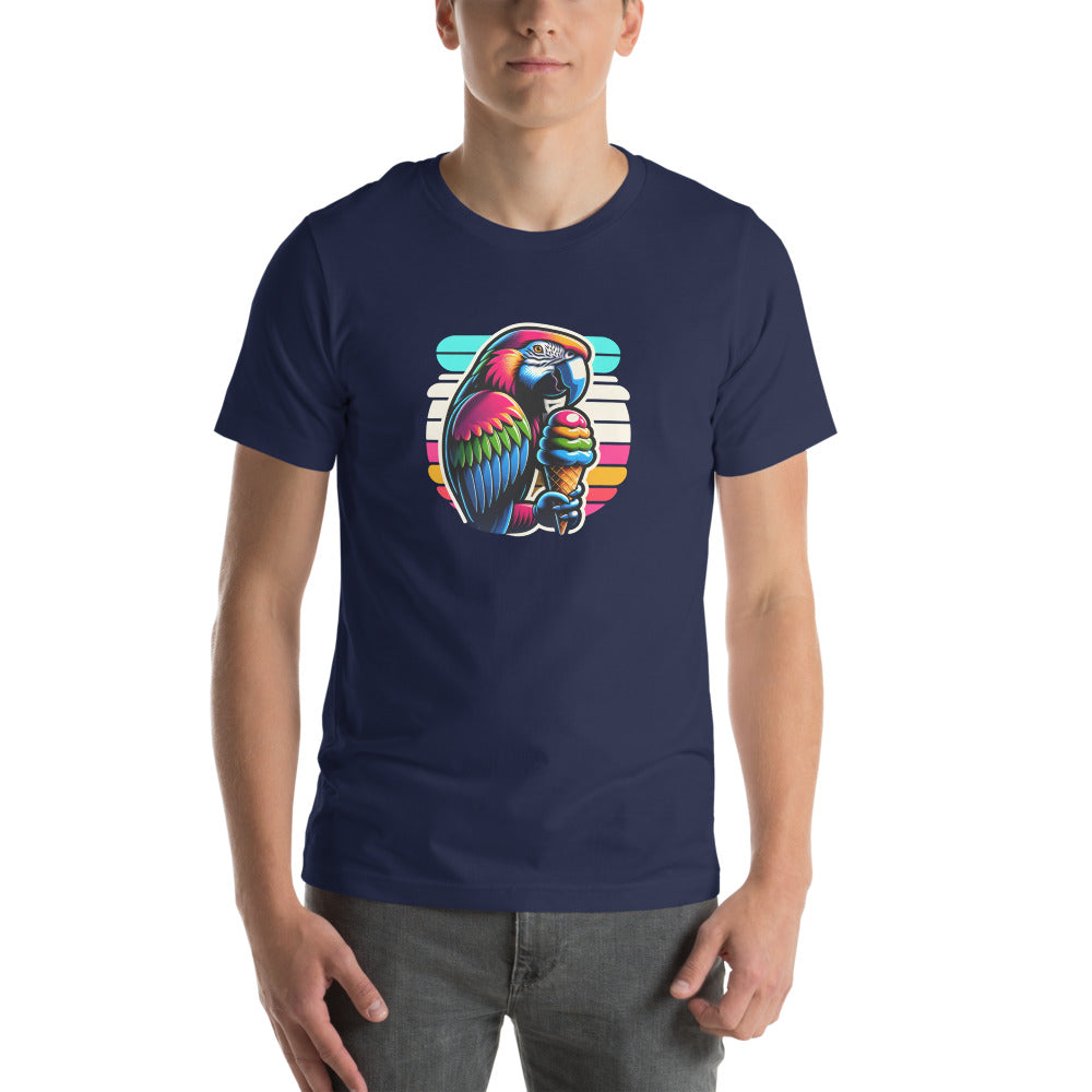 80s Neon T-Shirt - Tropical Parrot Eating rainbow ice cream - 80s Neon Style T-Shirt