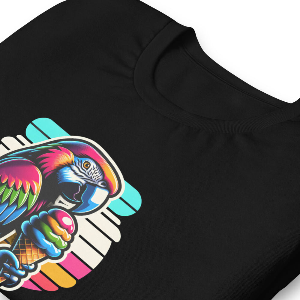 80s Neon T-Shirt - Tropical Parrot Eating rainbow ice cream - 80s Neon Style T-Shirt