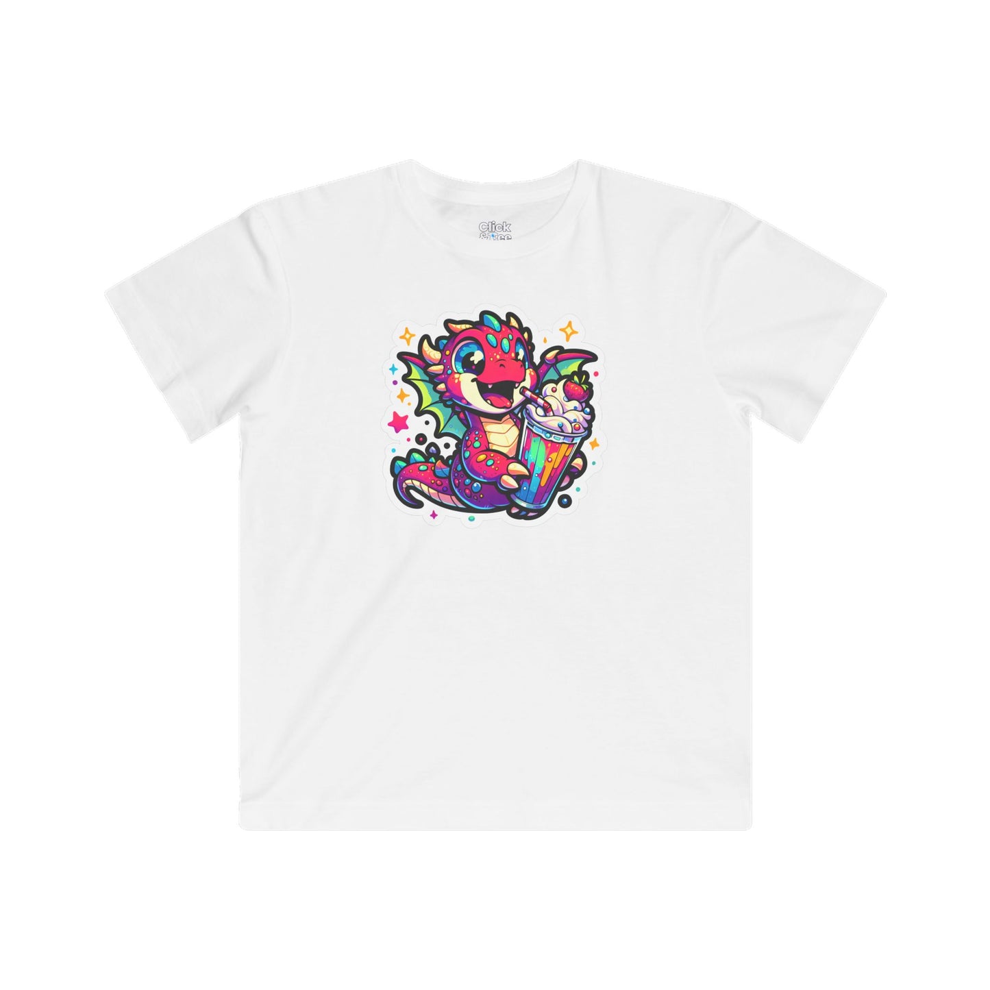 Kids Fantasy T-Shirt - Happy Dragon Drinking a Milkshake - Fantasy Style T-Shirt