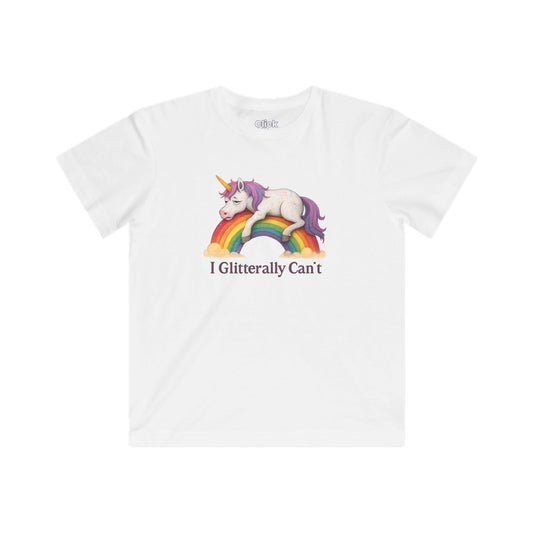 Kids Fantasy T-Shirt - Tired Glittery Magical Unicorn Lying down collapsed on a rainbow - Fantasy Style T-Shirt
