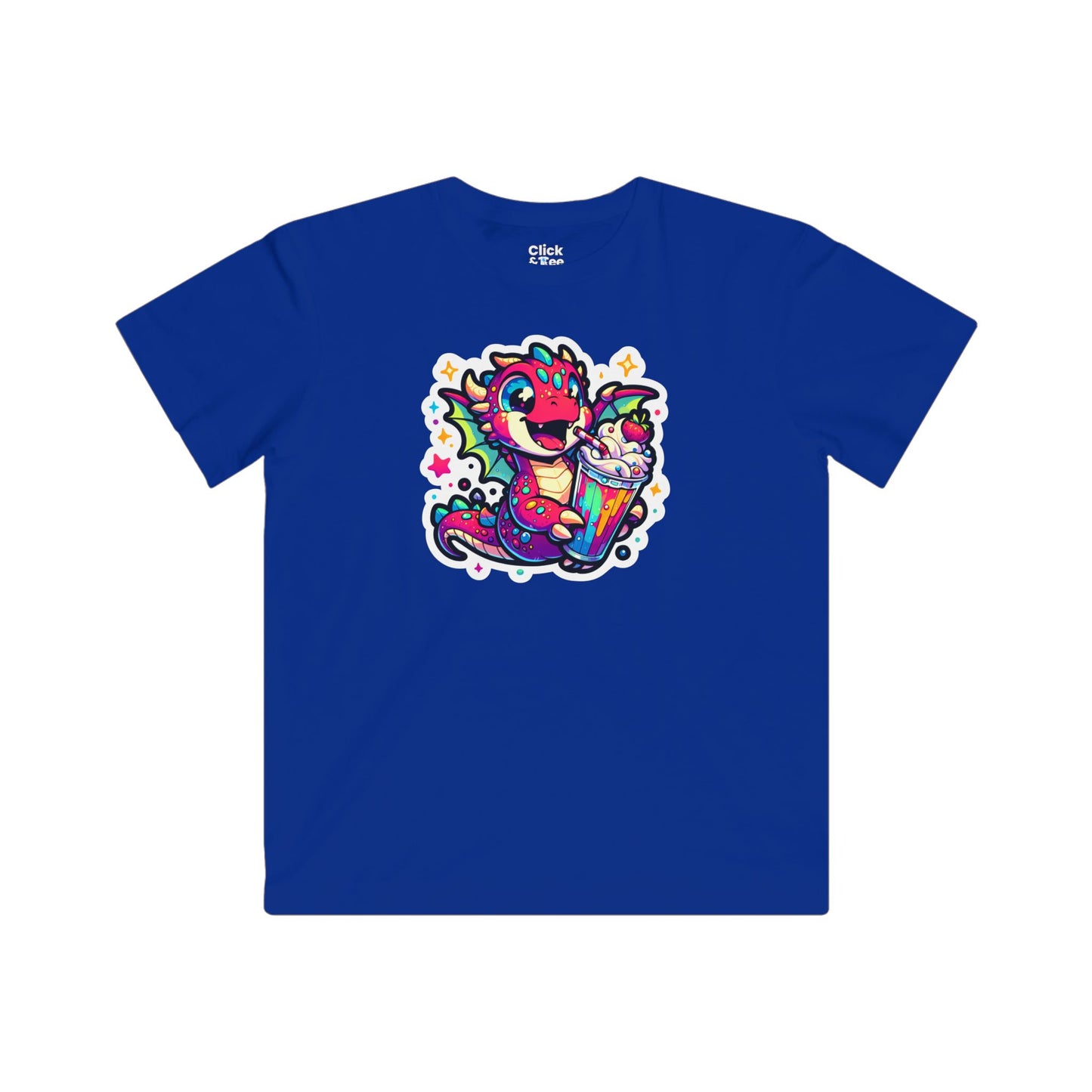 Kids Fantasy T-Shirt - Happy Dragon Drinking a Milkshake - Fantasy Style T-Shirt