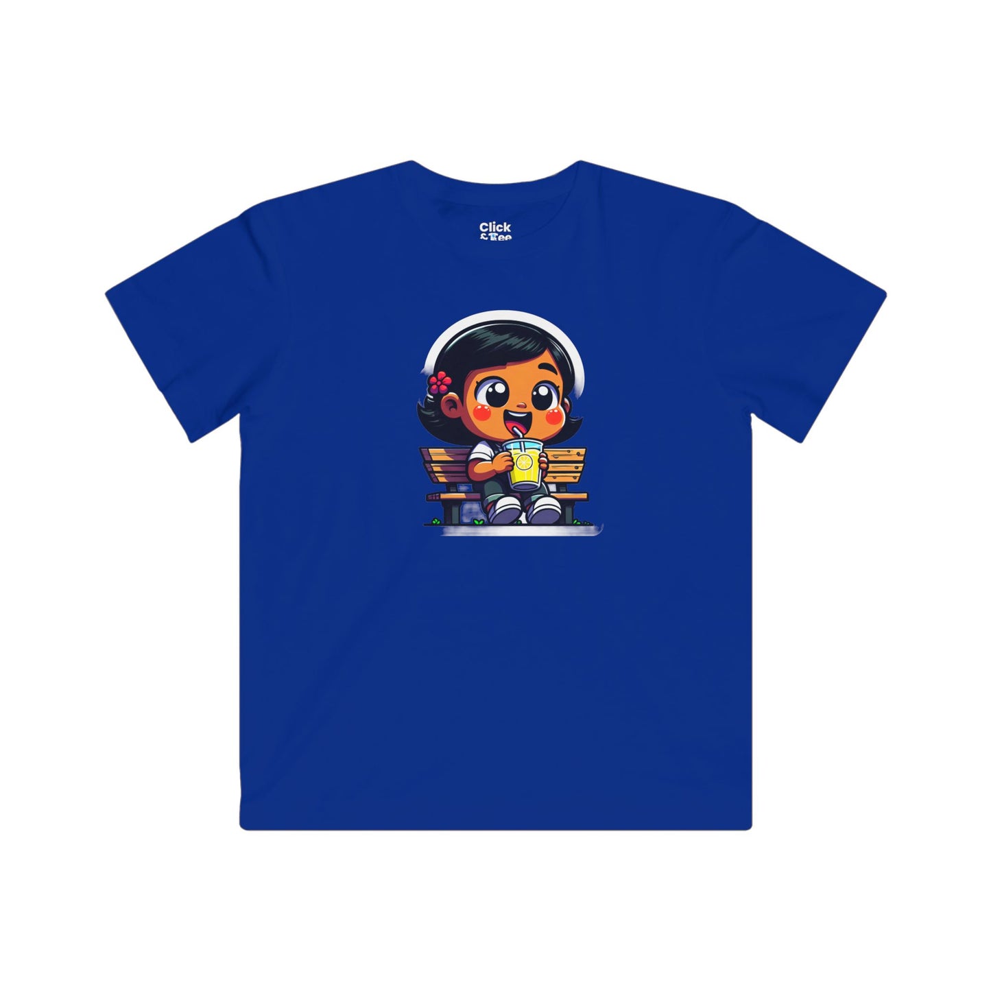 Kids Cartoon T-Shirt - Cute Little Girl Sitting on a Bench Drinking Lemonade - Cartoon Style T-Shirt