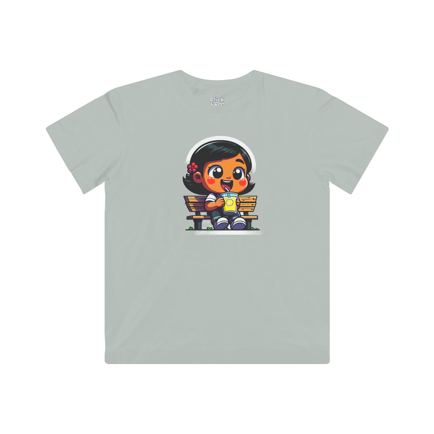 Kids Cartoon T-Shirt - Cute Little Girl Sitting on a Bench Drinking Lemonade - Cartoon Style T-Shirt