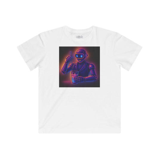Kids Synthwave T-Shirt - Charming Robot Bartender Mixing a Cocktail - Synthwave Style T-Shirt