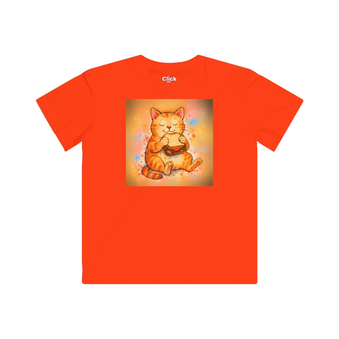 Kids Color Splatter T-Shirt - Relaxed Cat Eating a Sandwhich - Color Splatter Style T-Shirt