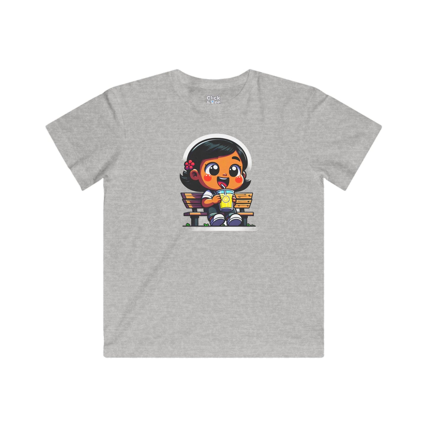 Kids Cartoon T-Shirt - Cute Little Girl Sitting on a Bench Drinking Lemonade - Cartoon Style T-Shirt