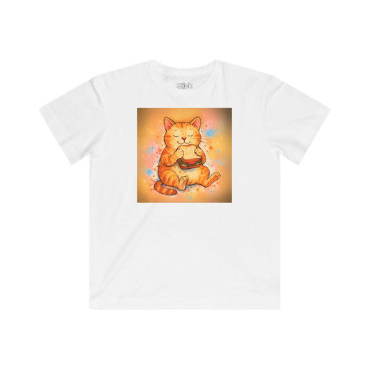 Kids Color Splatter T-Shirt - Relaxed Cat Eating a Sandwhich - Color Splatter Style T-Shirt