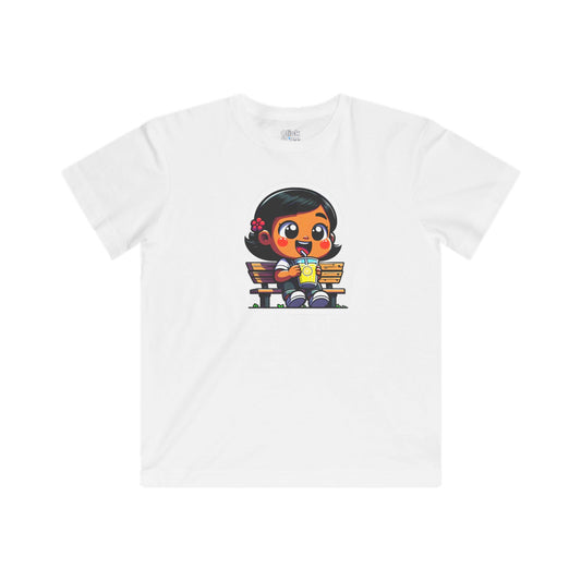 Kids Cartoon T-Shirt - Cute Little Girl Sitting on a Bench Drinking Lemonade - Cartoon Style T-Shirt