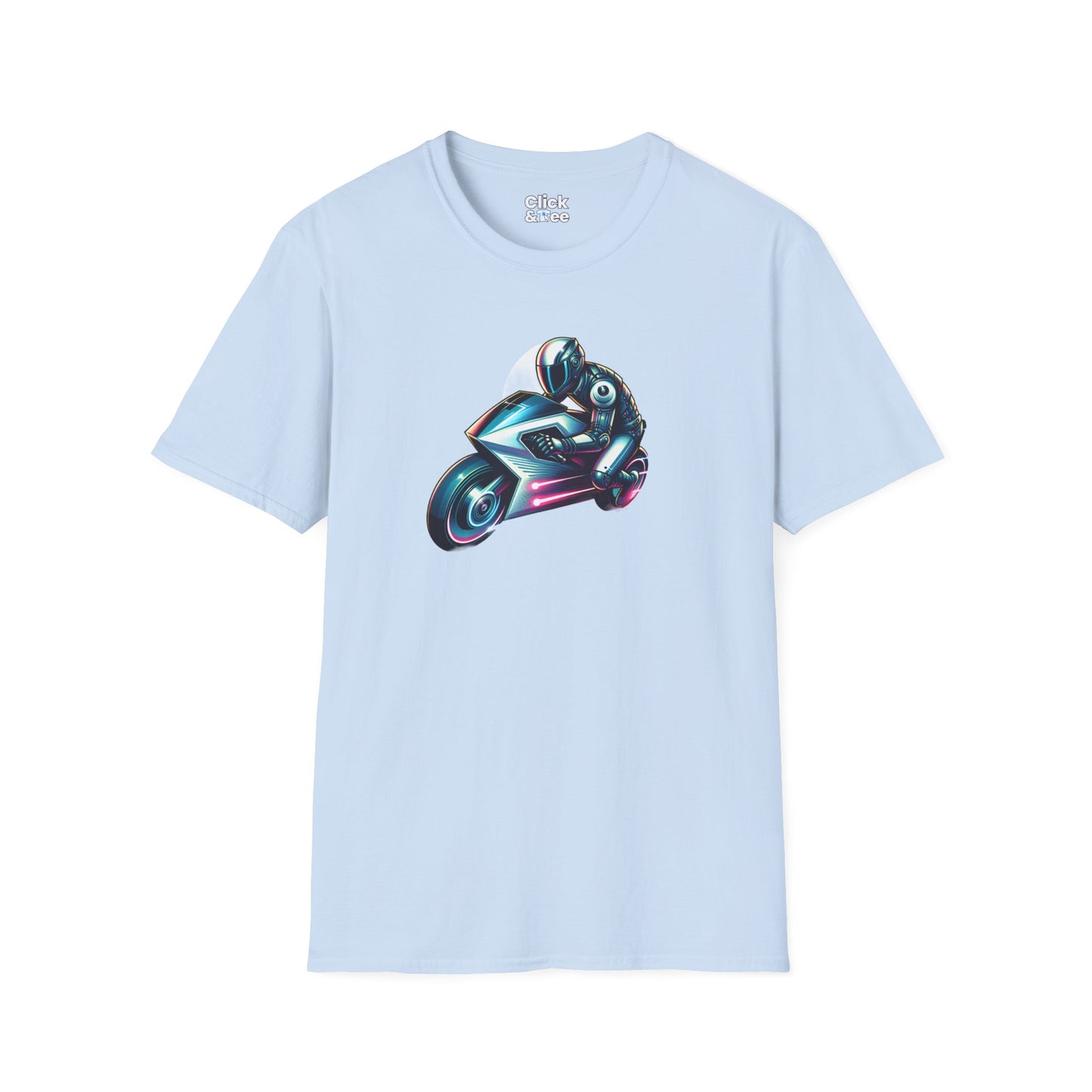Synthwave T-Shirt - Futuristic Racer Riding a futuristic light bike - Synthwave Style T-Shirt
