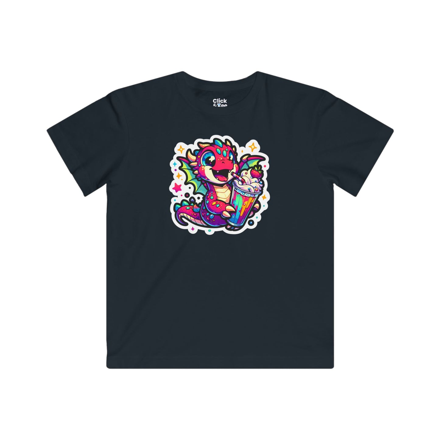 Kids Fantasy T-Shirt - Happy Dragon Drinking a Milkshake - Fantasy Style T-Shirt