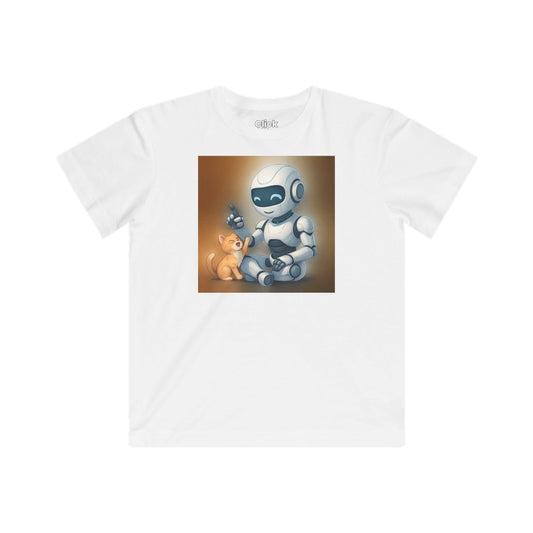 Kids Futuristic T-Shirt - Happy AI Humanoid Robot Playing with a kitten - Futuristic Style T-Shirt