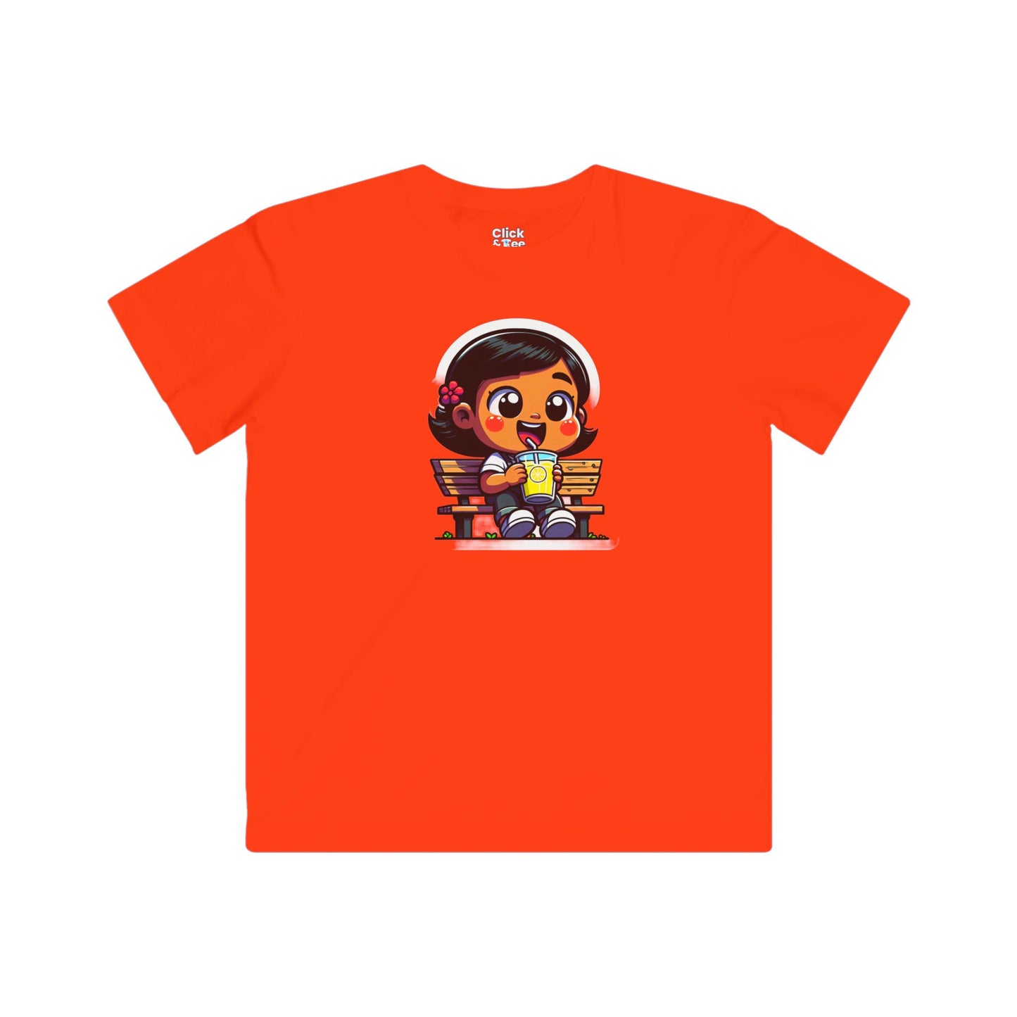 Kids Cartoon T-Shirt - Cute Little Girl Sitting on a Bench Drinking Lemonade - Cartoon Style T-Shirt