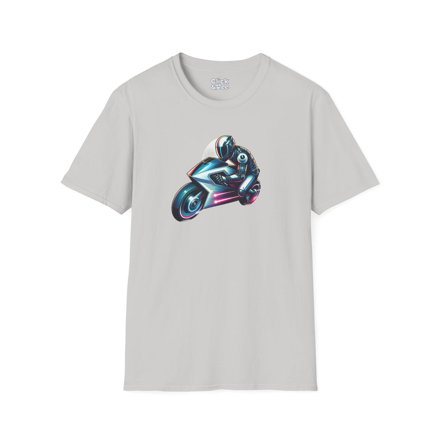 Synthwave T-Shirt - Futuristic Racer Riding a futuristic light bike - Synthwave Style T-Shirt
