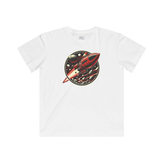 Kids Realistic T-Shirt - Retro-Futuristic Red Rocketship Racing through a treacherous asteroid field - Realistic Style T-Shirt