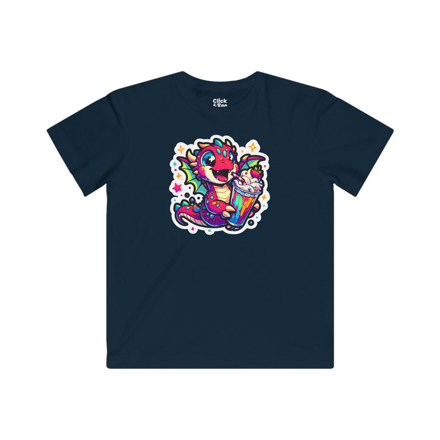 Kids Fantasy T-Shirt - Happy Dragon Drinking a Milkshake - Fantasy Style T-Shirt