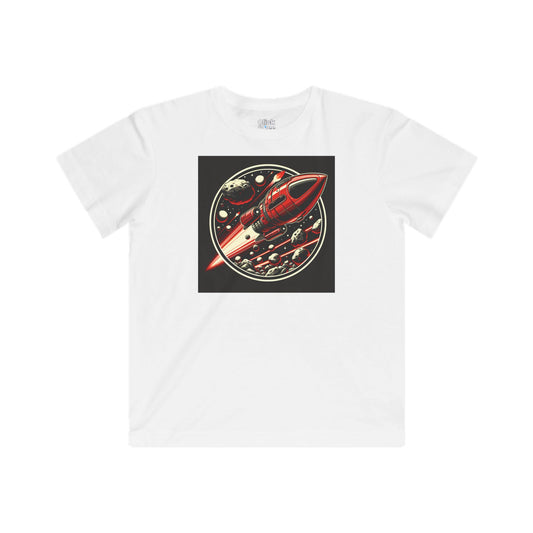 Kids Realistic T-Shirt - Retro-Futuristic Red Rocketship Racing through a treacherous asteroid field - Realistic Style T-Shirt