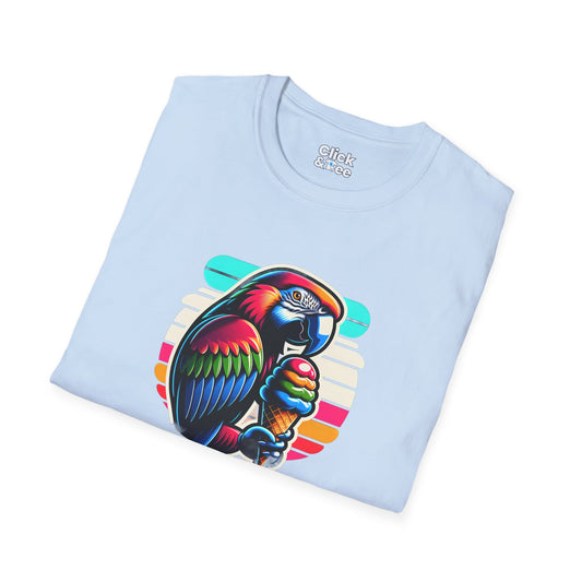 80s Neon T-Shirt - Tropical Parrot Eating rainbow ice cream - 80s Neon Style T-Shirt