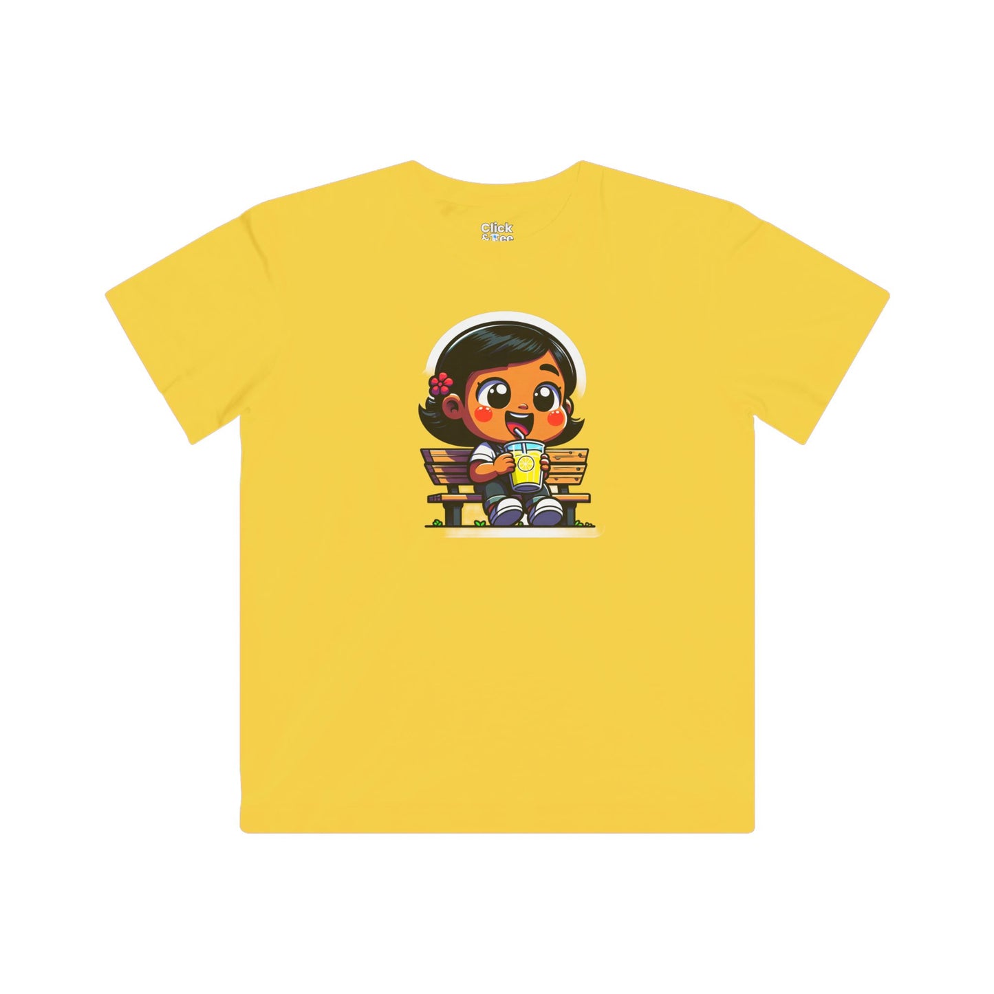 Kids Cartoon T-Shirt - Cute Little Girl Sitting on a Bench Drinking Lemonade - Cartoon Style T-Shirt