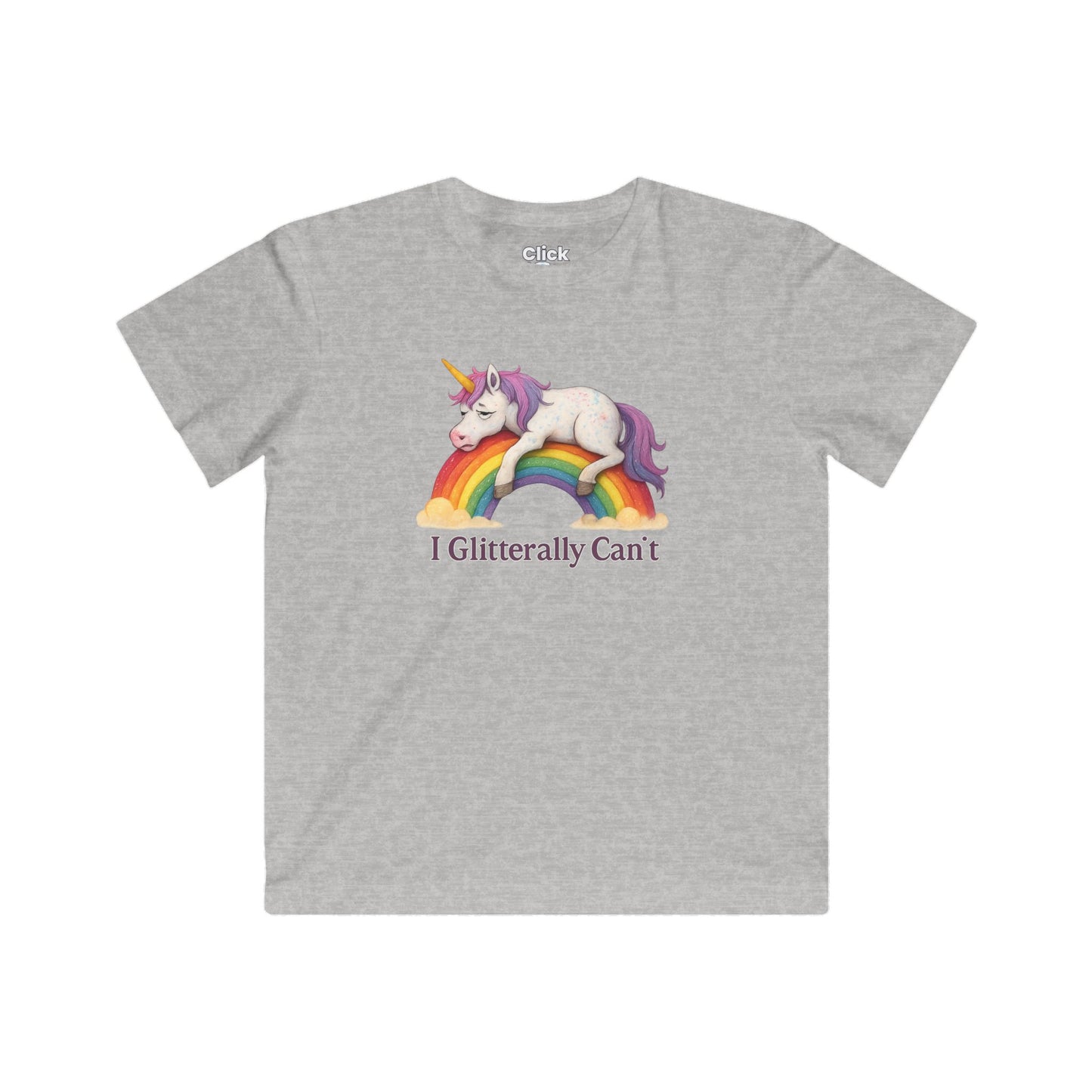 Kids Fantasy T-Shirt - Tired Glittery Magical Unicorn Lying down collapsed on a rainbow - Fantasy Style T-Shirt