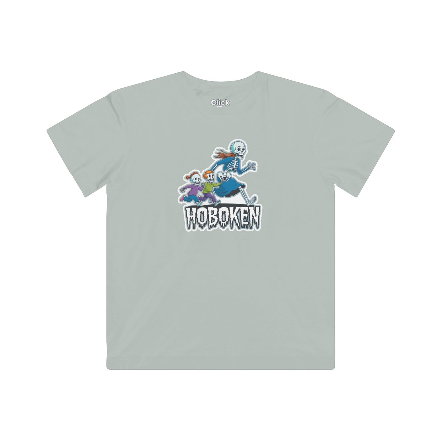 Kids Cartoon T-Shirt - Spooky Letter Art with a Skeleton Mom Chasing her Kids - Cartoon Style T-Shirt