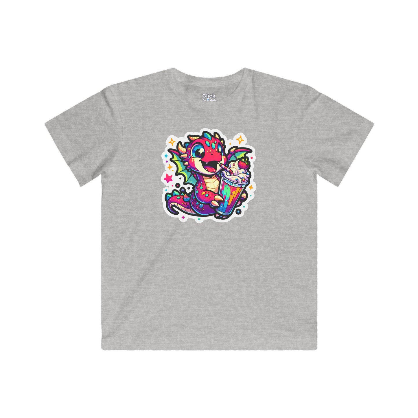 Kids Fantasy T-Shirt - Happy Dragon Drinking a Milkshake - Fantasy Style T-Shirt