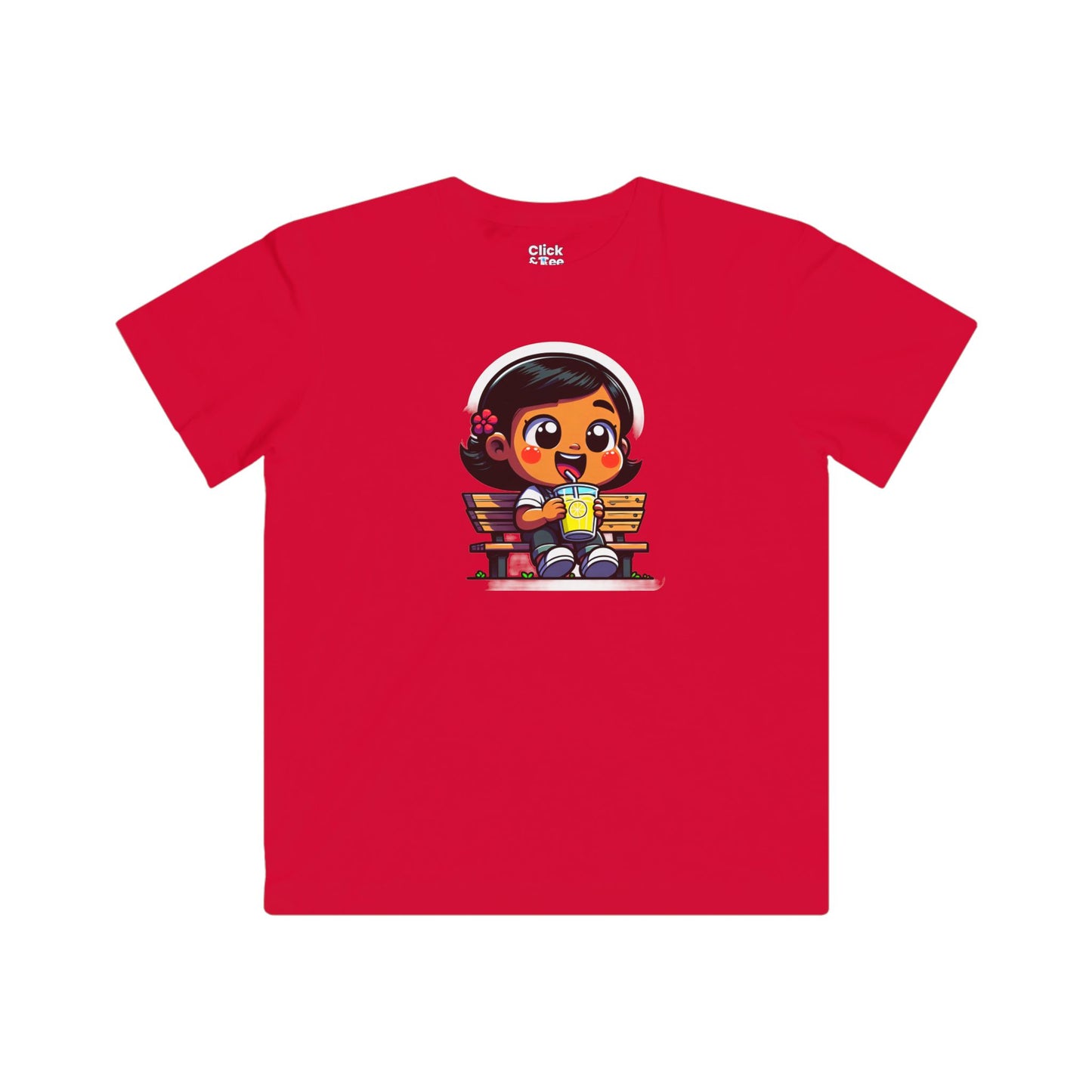 Kids Cartoon T-Shirt - Cute Little Girl Sitting on a Bench Drinking Lemonade - Cartoon Style T-Shirt