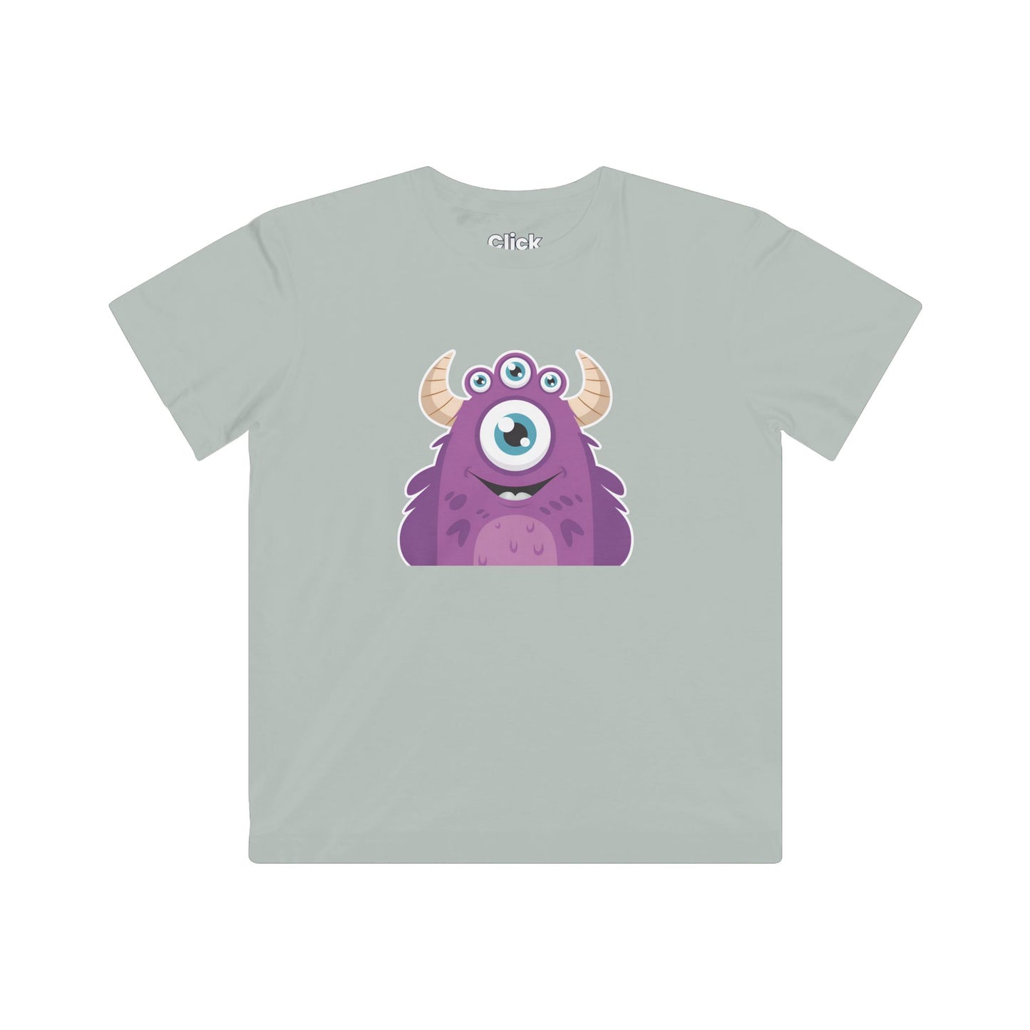 Kids Cartoon T-Shirt - Purple Monster Three eyes with horns and smiling - Cartoon Style T-Shirt