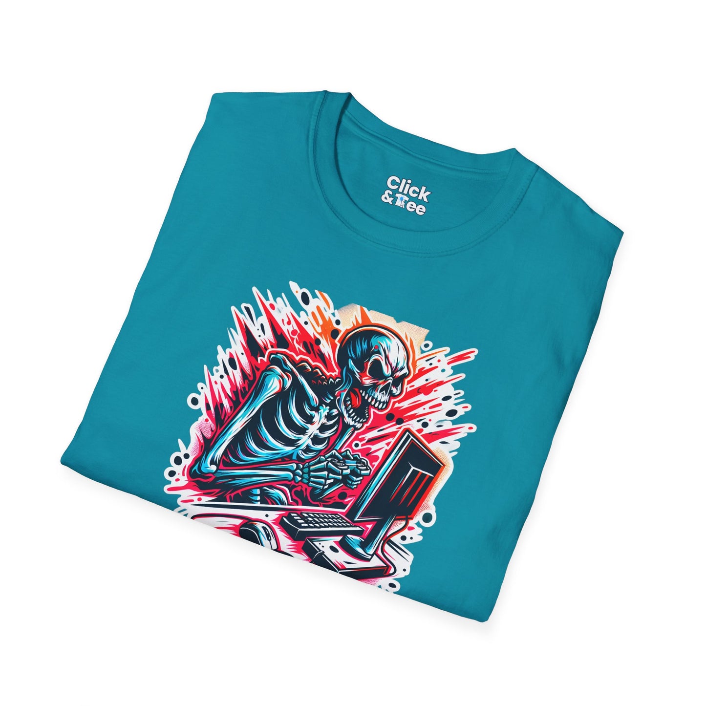 Color Splatter T-Shirt - Raging Skeleton Playing video games - Color Splatter Style T-Shirt
