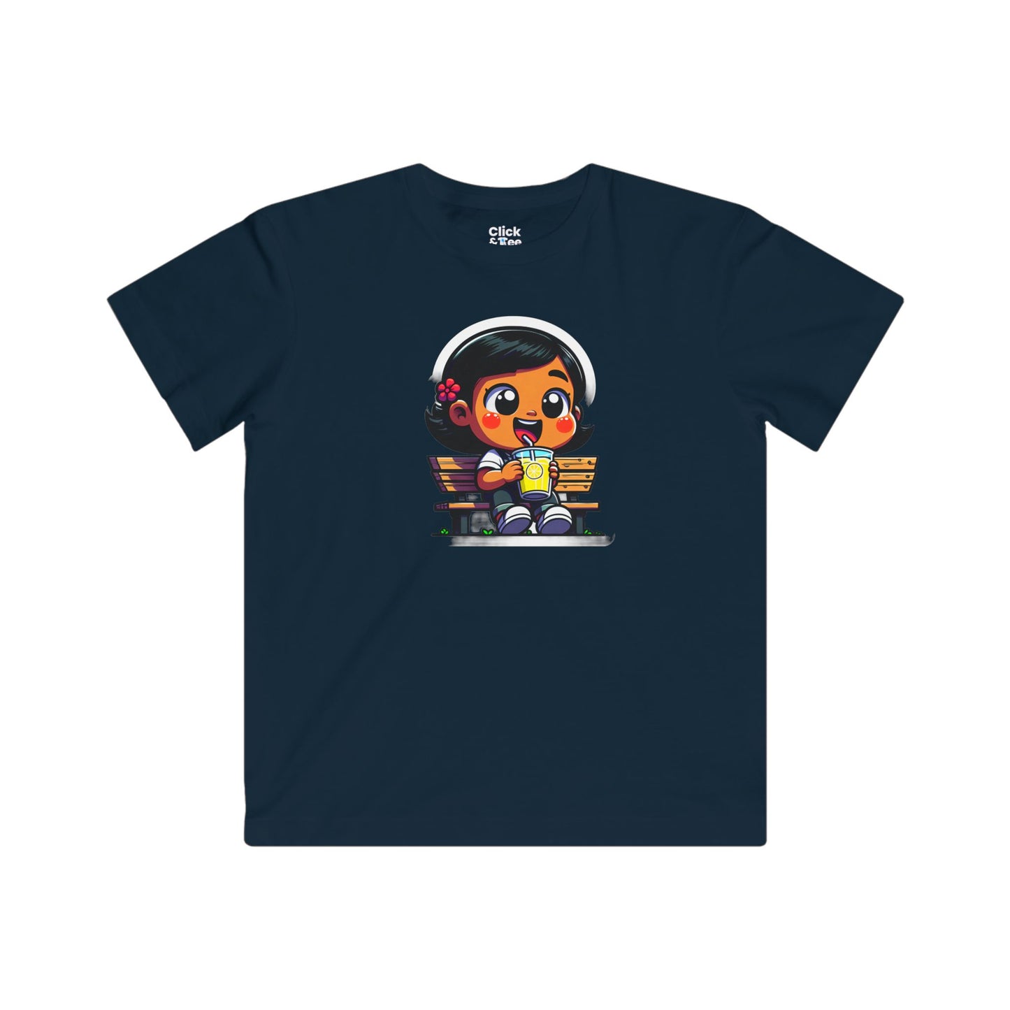 Kids Cartoon T-Shirt - Cute Little Girl Sitting on a Bench Drinking Lemonade - Cartoon Style T-Shirt