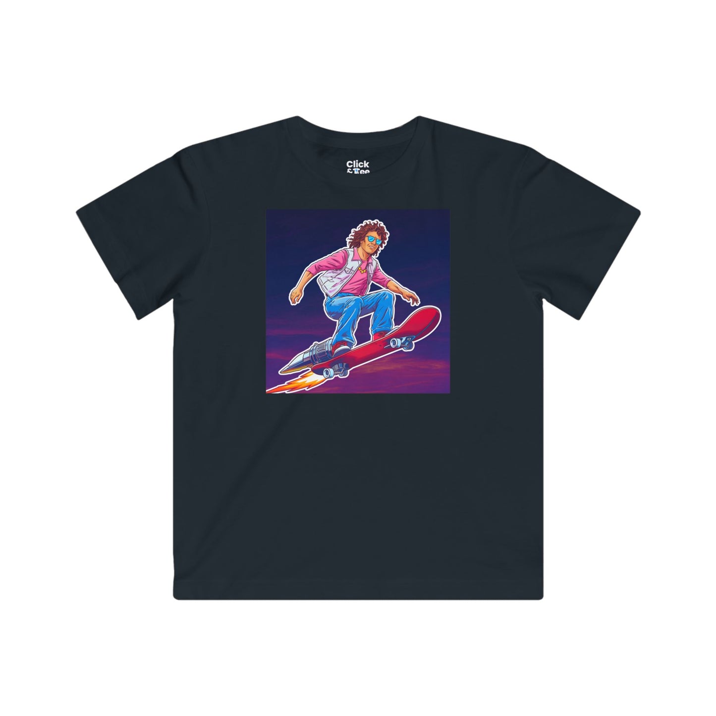 Kids 80s Neon T-Shirt - Tousled Adventurer Riding a Rocket-Powered Skateboard - 80s Neon Style T-Shirt