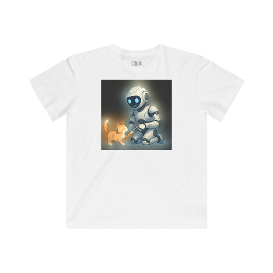 Kids Futuristic T-Shirt - Happy AI Humanoid Robot Playing with a kitten - Futuristic Style T-Shirt