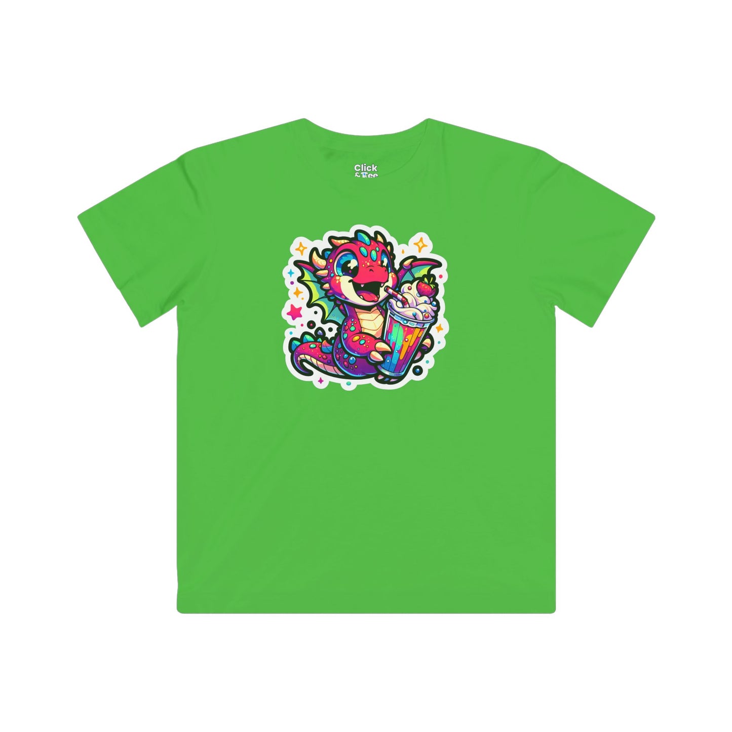 Kids Fantasy T-Shirt - Happy Dragon Drinking a Milkshake - Fantasy Style T-Shirt