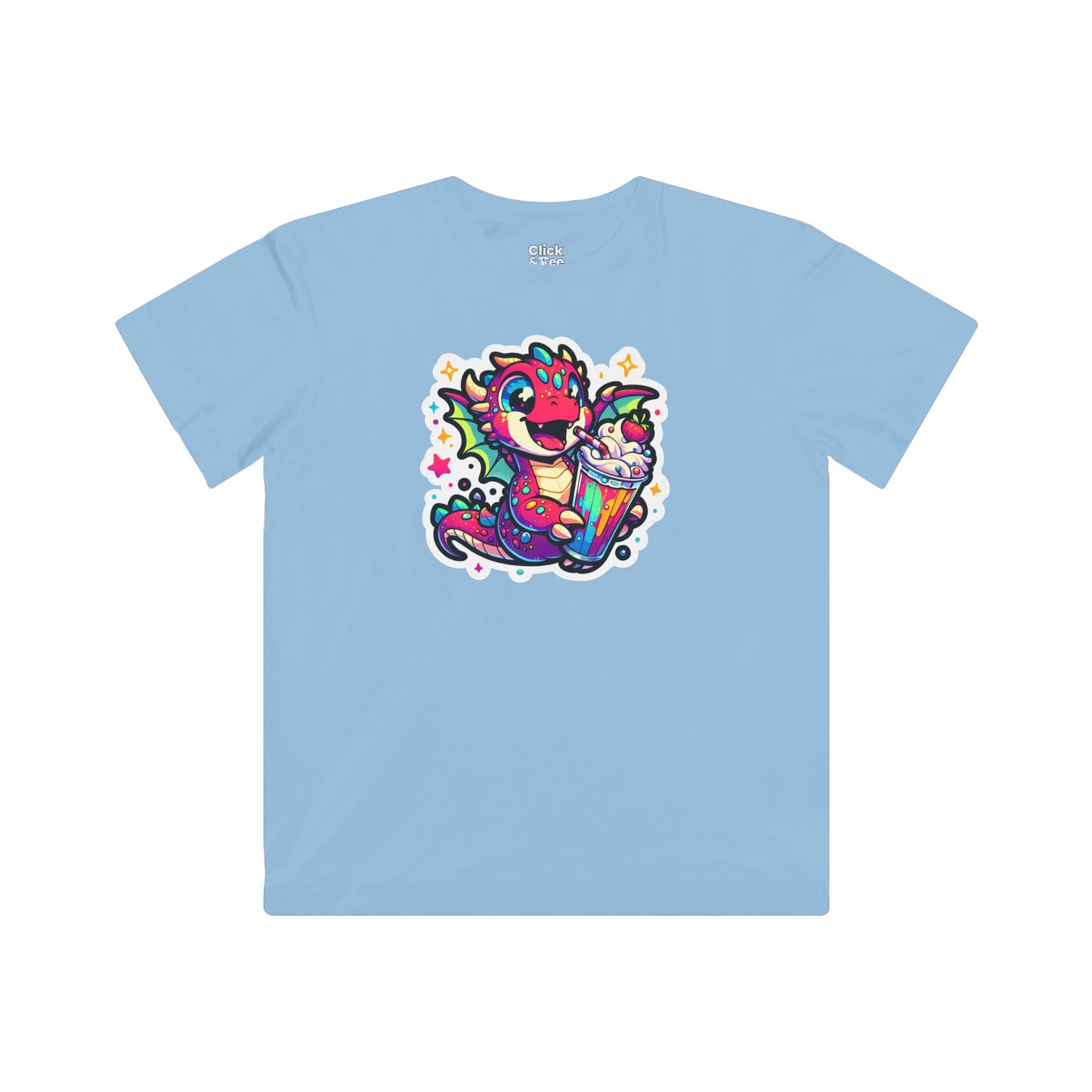 Kids Fantasy T-Shirt - Happy Dragon Drinking a Milkshake - Fantasy Style T-Shirt