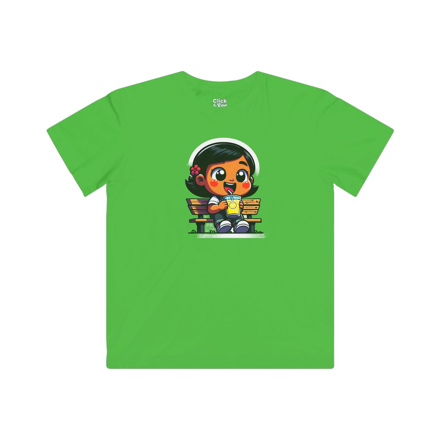 Kids Cartoon T-Shirt - Cute Little Girl Sitting on a Bench Drinking Lemonade - Cartoon Style T-Shirt