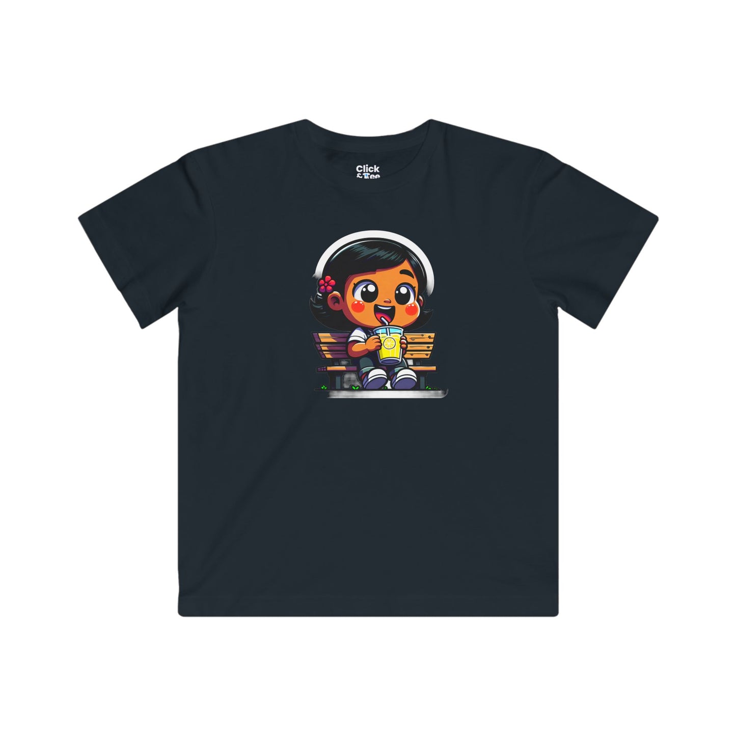 Kids Cartoon T-Shirt - Cute Little Girl Sitting on a Bench Drinking Lemonade - Cartoon Style T-Shirt