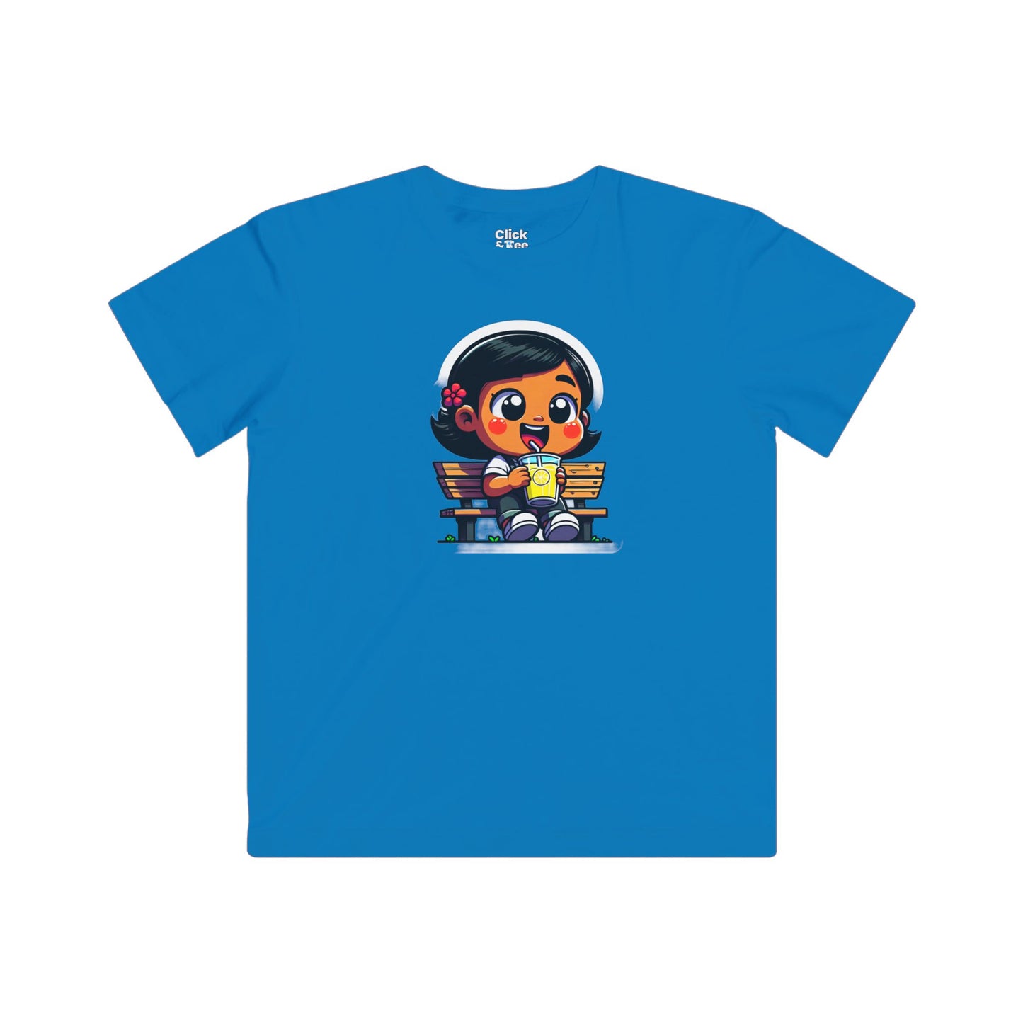 Kids Cartoon T-Shirt - Cute Little Girl Sitting on a Bench Drinking Lemonade - Cartoon Style T-Shirt
