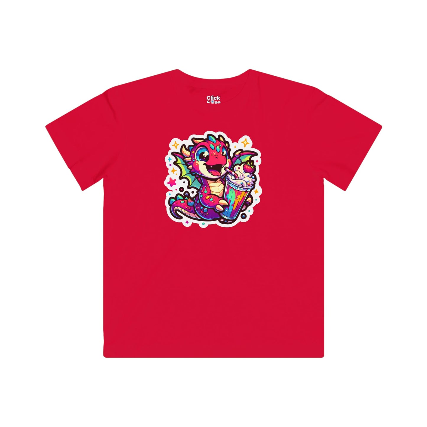 Kids Fantasy T-Shirt - Happy Dragon Drinking a Milkshake - Fantasy Style T-Shirt