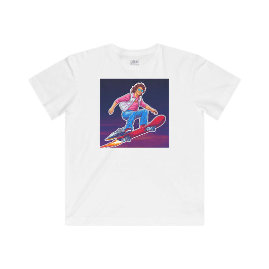 Kids 80s Neon T-Shirt - Tousled Adventurer Riding a Rocket-Powered Skateboard - 80s Neon Style T-Shirt