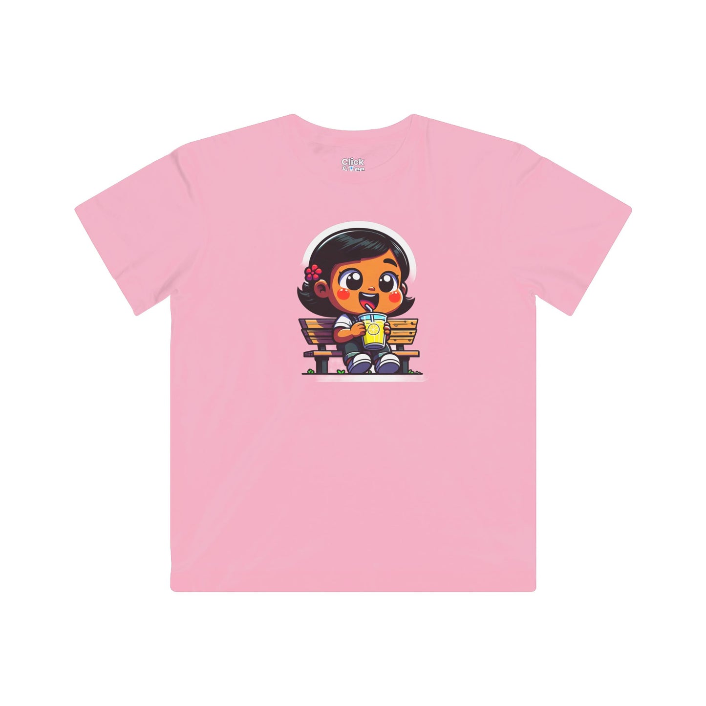 Kids Cartoon T-Shirt - Cute Little Girl Sitting on a Bench Drinking Lemonade - Cartoon Style T-Shirt