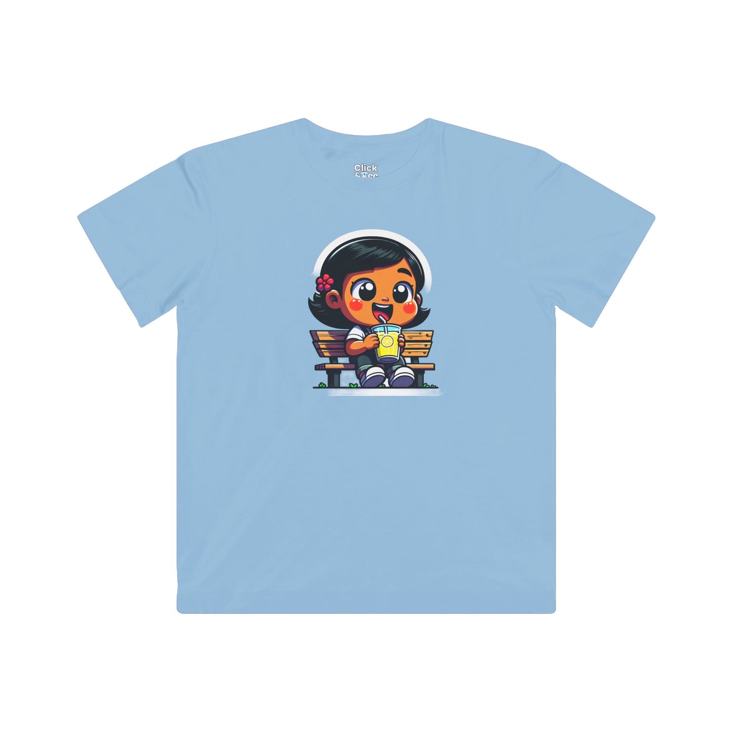 Kids Cartoon T-Shirt - Cute Little Girl Sitting on a Bench Drinking Lemonade - Cartoon Style T-Shirt