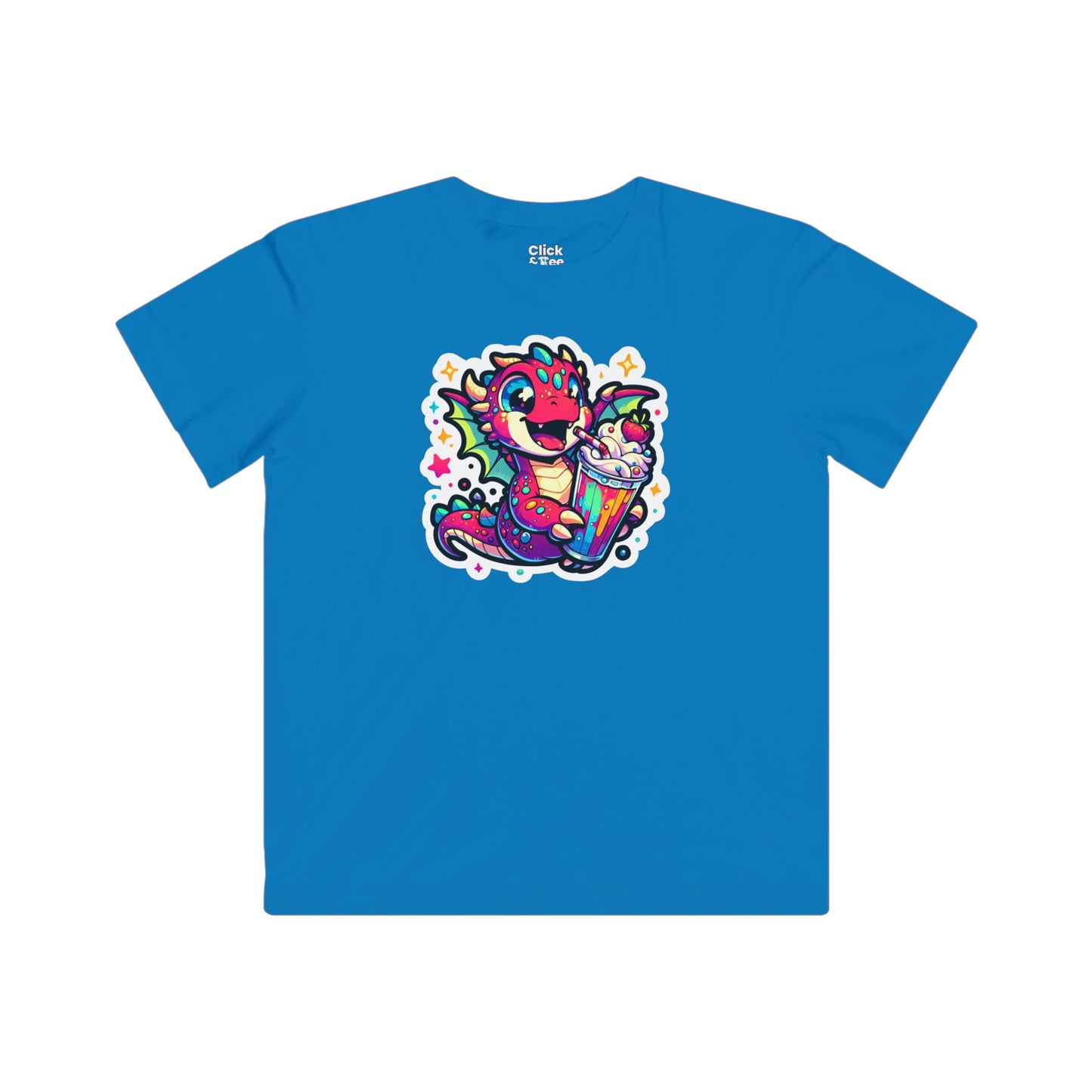 Kids Fantasy T-Shirt - Happy Dragon Drinking a Milkshake - Fantasy Style T-Shirt