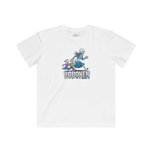 Kids Cartoon T-Shirt - Spooky Letter Art with a Skeleton Mom Chasing her Kids - Cartoon Style T-Shirt