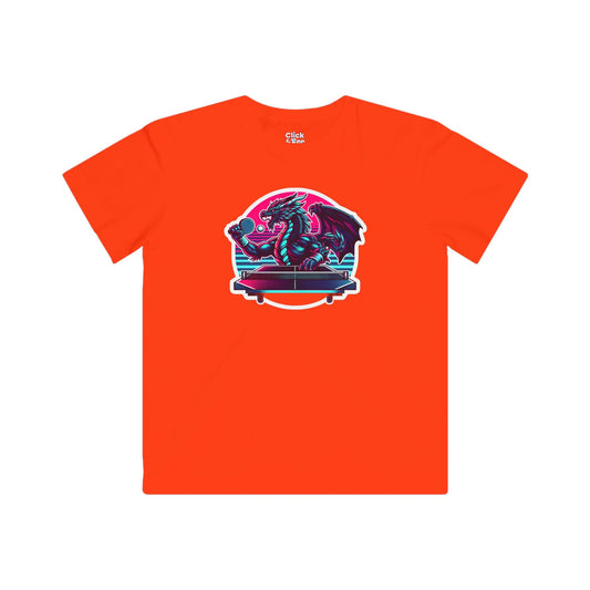 Kids Synthwave T-Shirt - Powerful Dragon Playing Ping Pong - Synthwave Style T-Shirt