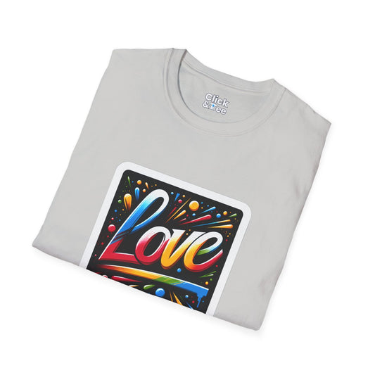 Color SplatterLetter art spelling “LOVE” Unique T-Shirt Image 1